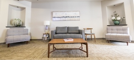 Couches and coffee table in waiting room